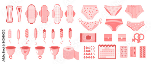 Feminine hygiene set. Menstrual period concept. Menstrual cup, tampons, soap, panties, monthly calendar, sanitary napkin and pills. Vector	
