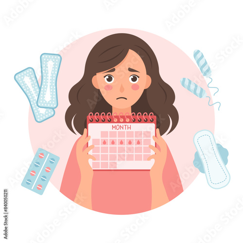 Sad woman with a menstrual calendar in her hands. Healthcare and medicine. Illustration, vector