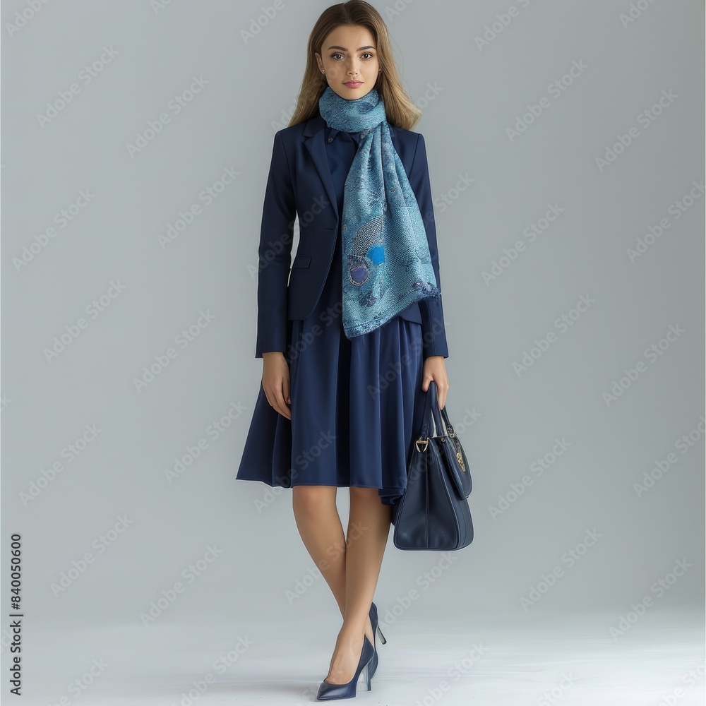 Full-body shot of a beautiful female model. Wearing a deep blue dress with a navy blazer and a pastel blue scarf. she wears navy blue heel. Generative AI. Full-body shot of a beautiful female model. Wearing a deep blue dress with a navy blazer and a pastel blue scarf. she wears navy blue heel. Generative AI.