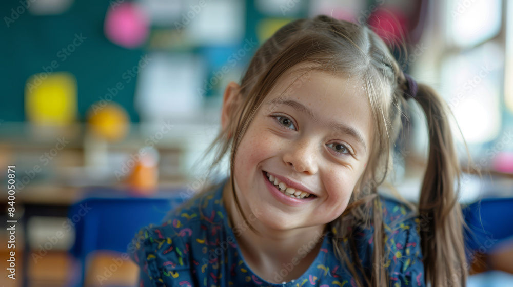 A schoolgirl, a disabled girl with developmental disabilities, smiles while sitting at her desk in a school class. Inclusivity. A schoolgirl, a disabled girl with developmental disabilities, smiles while sitting at her desk in a school class. Inclusivity.