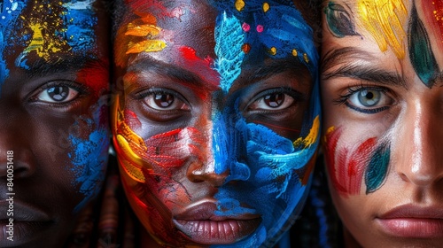 Close-up of diverse individuals with colorful face paint, showcasing different ethnicities, panoramic view