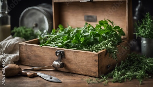 A wooden herb box filled with fresh rosemary and parsley. photo