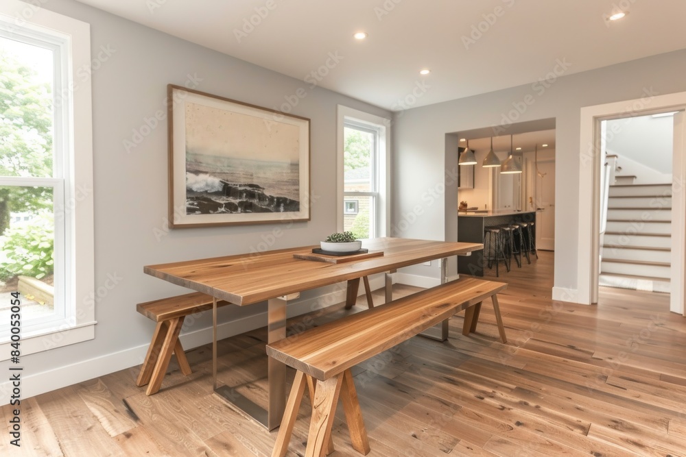 Fototapeta premium Minimalist Dining Room with Bench Seating, Dining room with a bench and simple table