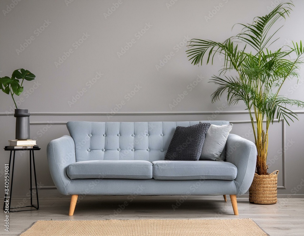 Fototapeta premium Modern minimalist living space mockup featuring a gray sofa and palm tree, set within a sleek gray interior background for a refined ambiance.