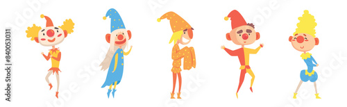 Funny Clown Boy Character in Bright Costume with Nose Vector Set