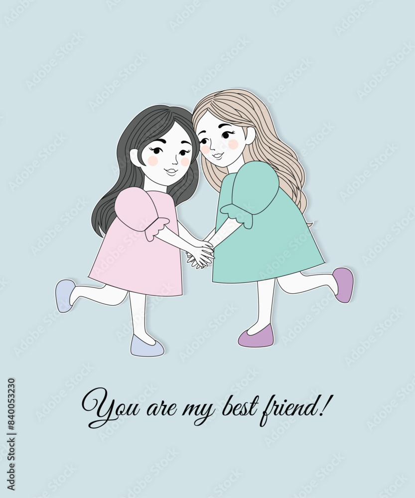 Two Best Friends Together with Hand Drawing and Papercut Style Two Best Friends Together with Hand Drawing and Papercut Style