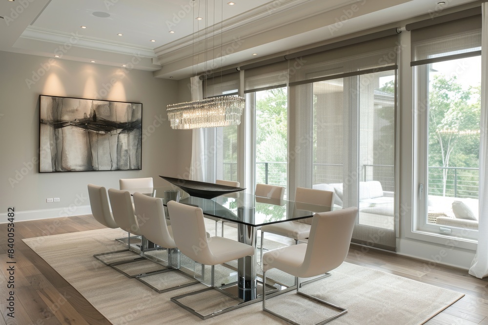 Fototapeta premium Minimalist Dining Room with Glass Table, Dining room with a glass table and minimal chairs