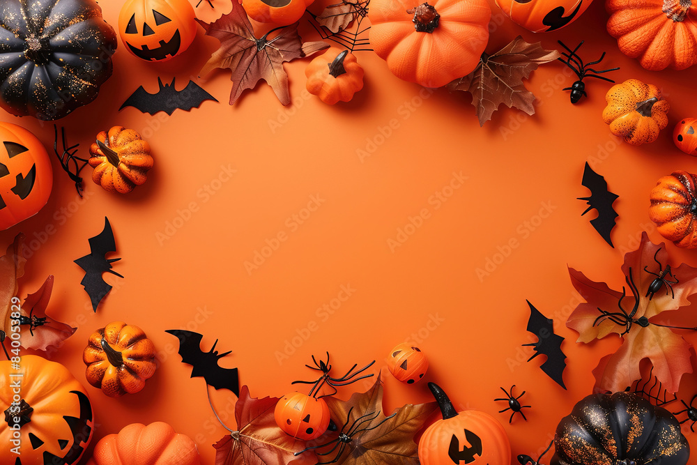 Orange Halloween Background with Jack-O-Lanterns, Pumpkins, Bats, Cobwebs, spiders, spider web, Skulls. Top View, Flatlay with Copy Space Orange Halloween Background with Jack-O-Lanterns, Pumpkins, Bats, Cobwebs, spiders, spider web, Skulls. Top View, Flatlay with Copy Space