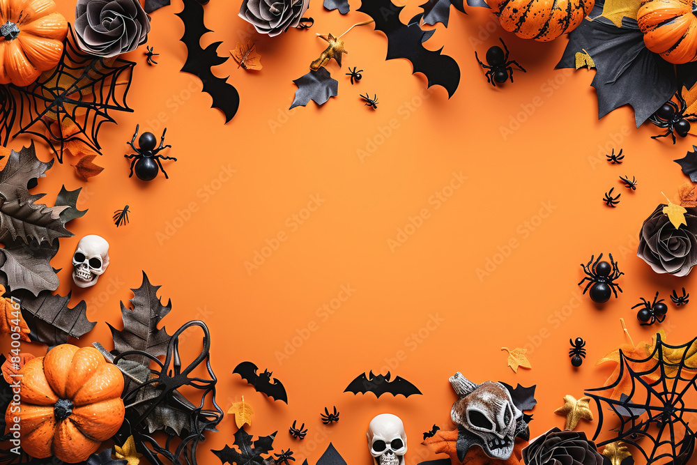 Orange Halloween Background with Jack-O-Lanterns, Pumpkins, Bats, Cobwebs, spiders, spider web, Skulls. Top View, Flatlay with Copy Space Orange Halloween Background with Jack-O-Lanterns, Pumpkins, Bats, Cobwebs, spiders, spider web, Skulls. Top View, Flatlay with Copy Space