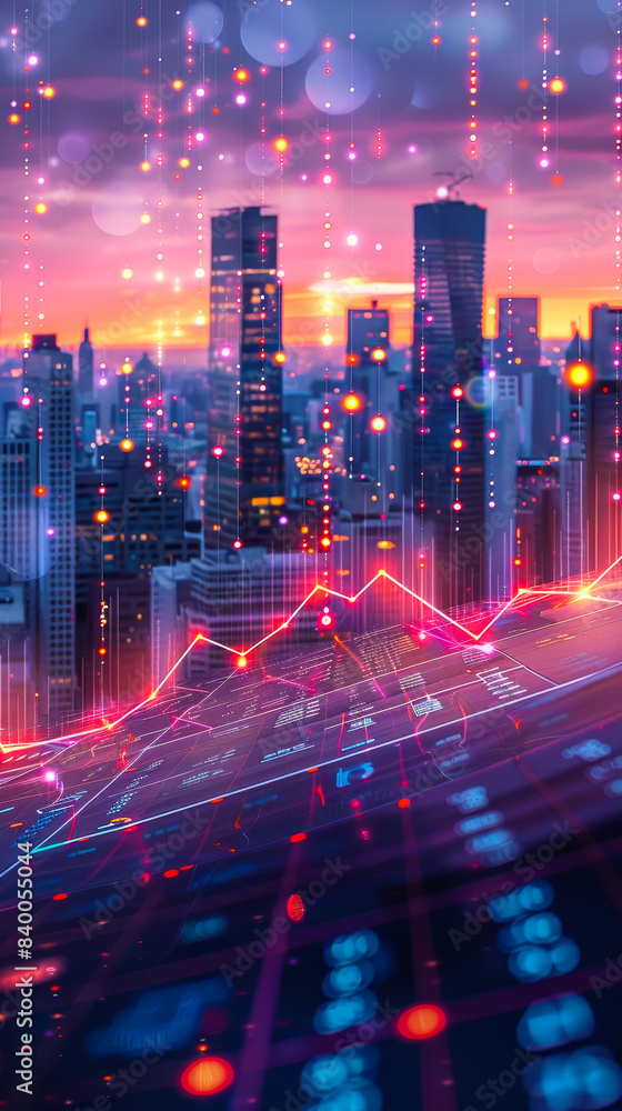 Obraz premium Futuristic Trading and Financial Chart Analysis with City Skyline at Sunset, Conceptual Digital Illustration of Stock Market Data and Investment Trends