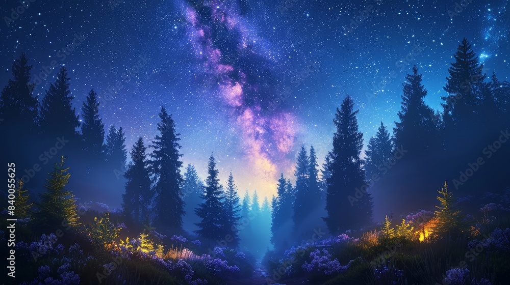 Fototapeta premium Beautiful night sky, the Milky Way and the trees. 