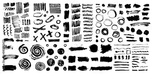 Big set of grungy vector ink brush elements set. Chinese, Japanese, Korean calligraphy brush strokes, circles, lines, crosses. Rough hand-drawn black scratchy scribbles on paper