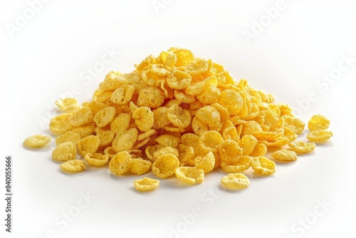 Pile of cornflakes on a white background, a nutritious and crunchy breakfast cereal perfect for a healthy start to the day