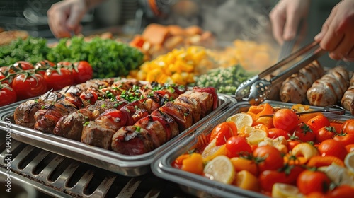 Indoor Catering Buffet: Group of People Enjoying Grilled Meat in Restaurant. Buffet Service for Festive Events, Parties, or Wedding Receptions.