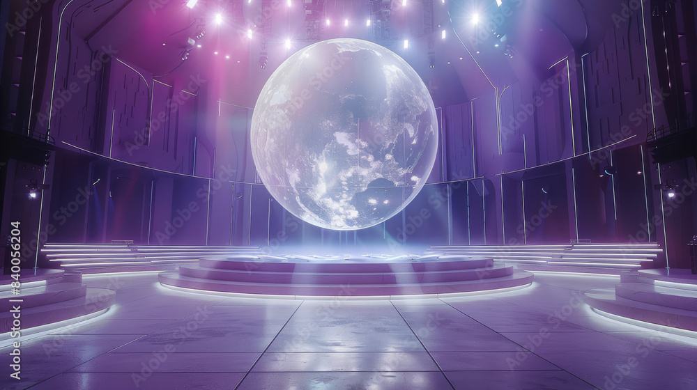 Fototapeta premium A floating stage inside a sphere dome with LED Walls. Generative AI.