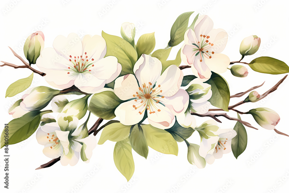 Fototapeta premium neutral cherry blossom branch isolated on white background, off white, watercolor