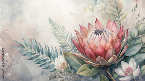 Vintage watercolor protea flower background