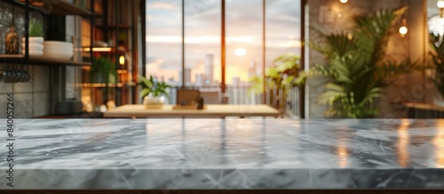 Modern Kitchen Interior with Marble Countertop and City View at Sunset, Featuring Contemporary Design Elements and Natural Light