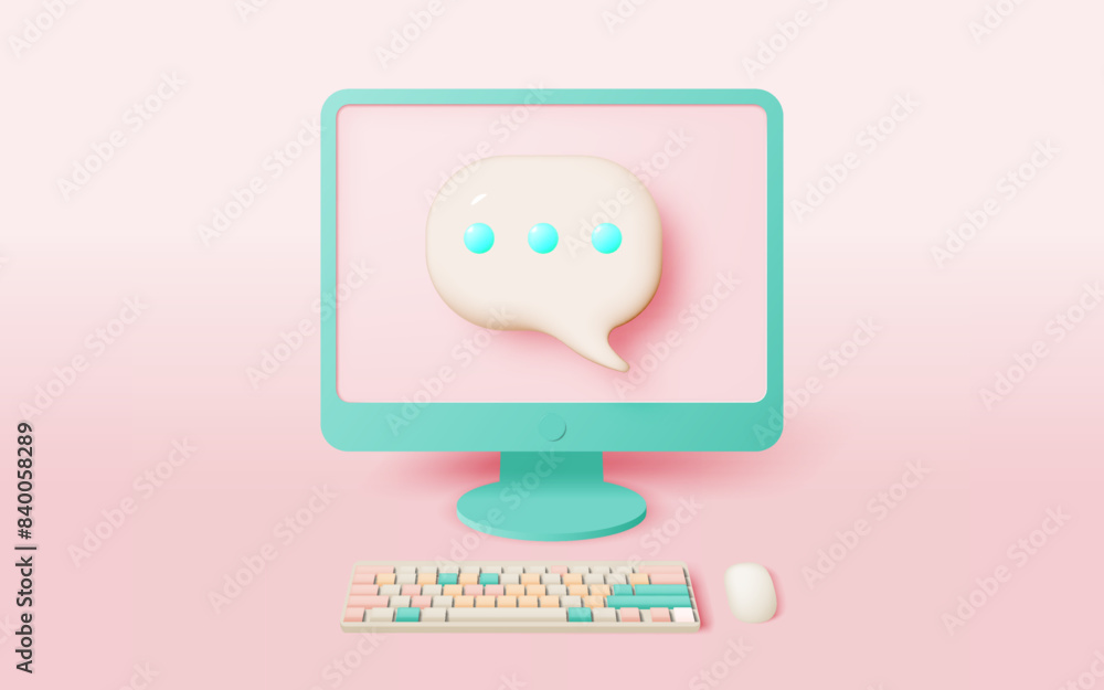 Pastel Computer Setup with Chat Bubble Icon on Screen Pastel Computer Setup with Chat Bubble Icon on Screen