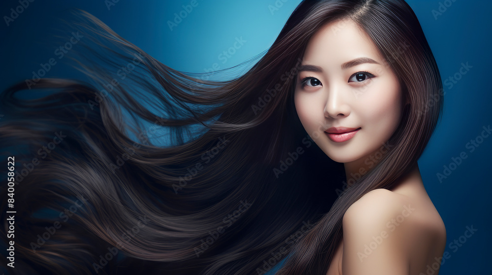 Portrait of a beautiful, sexy, happy smiling Asian woman with long hair, with perfect skin, dark blue background, banner. Portrait of a beautiful, sexy, happy smiling Asian woman with long hair, with perfect skin, dark blue background, banner.
