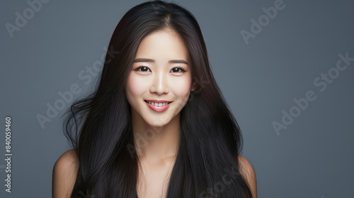 Portrait of a beautiful, sexy, happy smiling Asian woman with long hair, with perfect skin, gray background, banner.