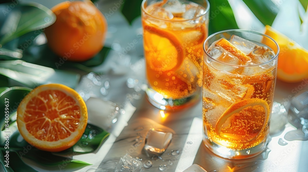 Fototapeta premium Summer Orange Cocktails with Citrus Fruits, Party Concept with Trendy Palm Leaf Shadow and Sunlight