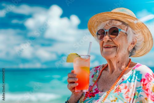 Cheerful elderly woman enjoying summer vacations on the sea beach  against the backdrop of blue sky