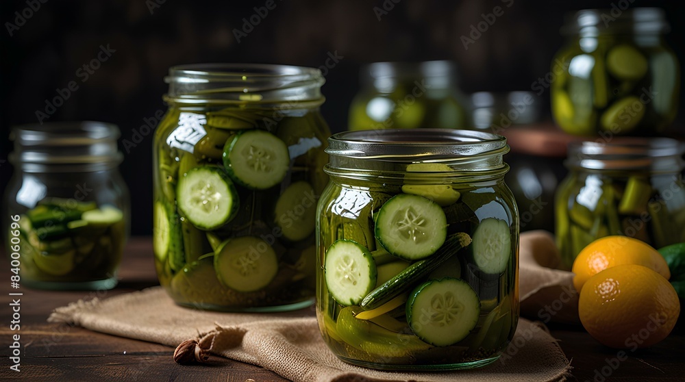 Marinate cucumber pickles in glass jars. Marinate cucumber pickles in glass jars.
