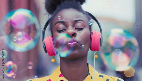 Melodic Bubble Blower: African American Woman in Stylish Attire, Pouting Lips, and Wireless Headphon photo