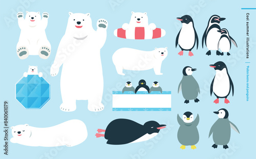 かわいいペンギンと白くまの夏のベクターイラスト素材セット