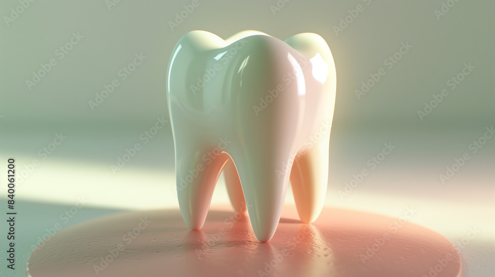 3D animation style illustration of an isolated white tooth on a red gum, with a simple and minimalistic design. On a white background with light green color accents around the scene, without shadows 3D animation style illustration of an isolated white tooth on a red gum, with a simple and minimalistic design. On a white background with light green color accents around the scene, without shadows