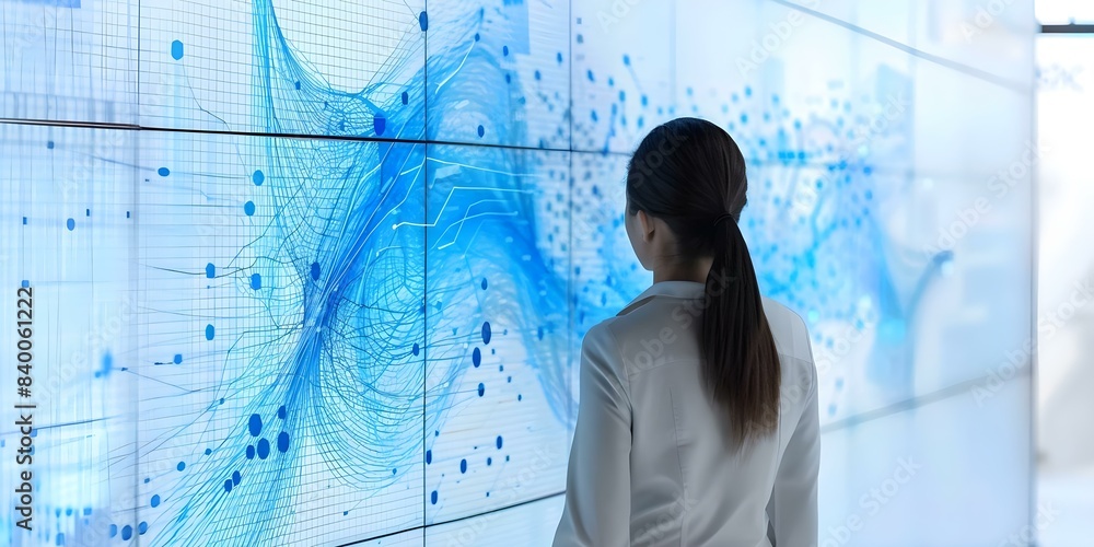 Female data scientist reviewing risk management reports on large digital screen. Concept Data Science, Risk Management, Digital Screen, Female Professional, Technology