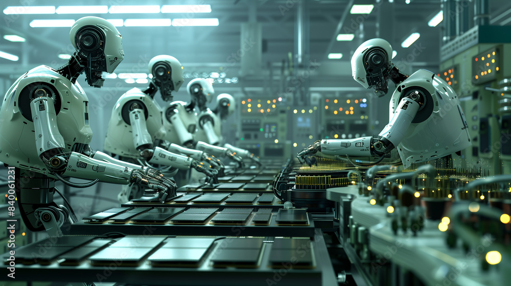 A group of robots are working on a factory assembly line. The robots are all white and have a robotic appearance. Scene is futuristic and industrial A group of robots are working on a factory assembly line. The robots are all white and have a robotic appearance. Scene is futuristic and industrial