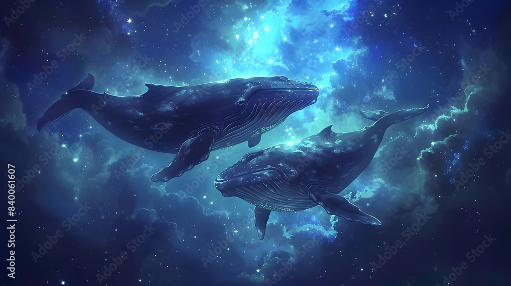 Obraz premium Two majestic whales gracefully swim through a starry cosmic scene, blending the wonders of the ocean with the universe.