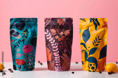 Product packaging, abstract colourful packing bag doypack with candy, cookies, coffee, tea or spices on the kitchen table with a blurred kitchen background