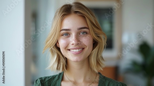 A portrait of a businesswoman smiling with short blond hair against a white background with generative AI. She is wearing a green top with short blond hair in a close-up. Free Download A portrait of a businesswoman smiling with short blond hair against a white background with generative AI. She is wearing a green top with short blond hair in a close-up. - GFXLoad