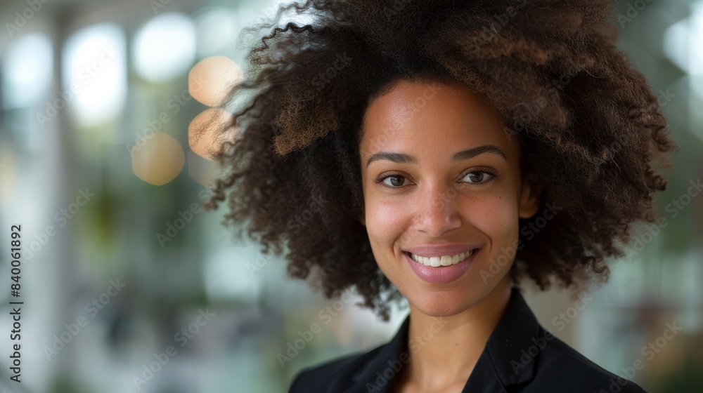 This is a portrait and corporate headshot of an elegant female employee with an afro for a career, job or work headshot. This is a portrait and corporate headshot of an elegant female employee with an afro for a career, job or work headshot.