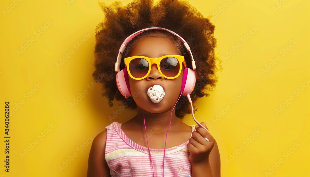 Groovin' to the Beat: Funky Afro-American Girl with Headphones and Sunglasses Enjoying Gum on Yellow Groovin' to the Beat: Funky Afro-American Girl with Headphones and Sunglasses Enjoying Gum on Yellow