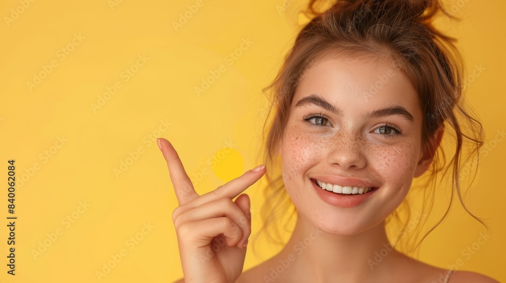 It shows a beautiful woman with flawless skin, pointing to the side. A young girl pointing in the opposite direction. Introducing your product. A girl with expressive facial expressions. Cosmetology, It shows a beautiful woman with flawless skin, pointing to the side. A young girl pointing in the opposite direction. Introducing your product. A girl with expressive facial expressions. Cosmetology,