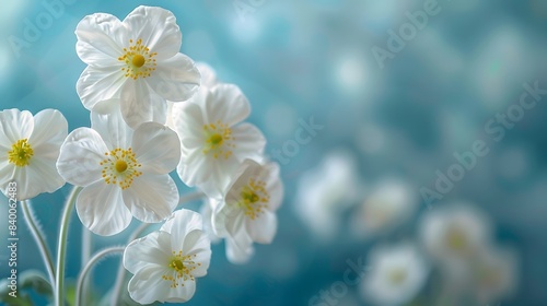 Close-up of delicate white flowers with yellow centers against a soft blue background  capturing the beauty of nature in detail.