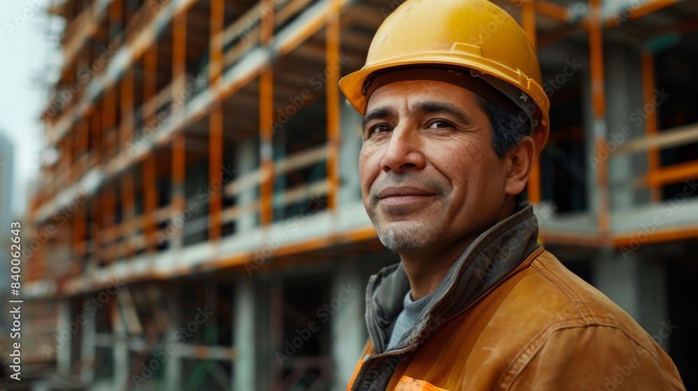 An generative ai-based portrait of a mid-aged male site manager on a construction site An generative ai-based portrait of a mid-aged male site manager on a construction site
