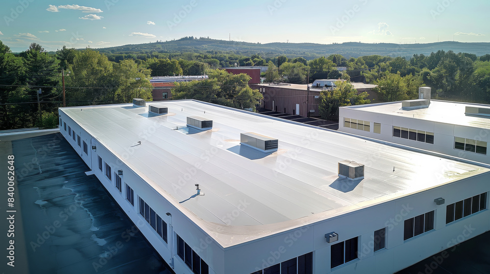 Fototapeta premium Seamless white PVC commercial flat roof of factory, summer day. Aerial high view. Generative AI.
