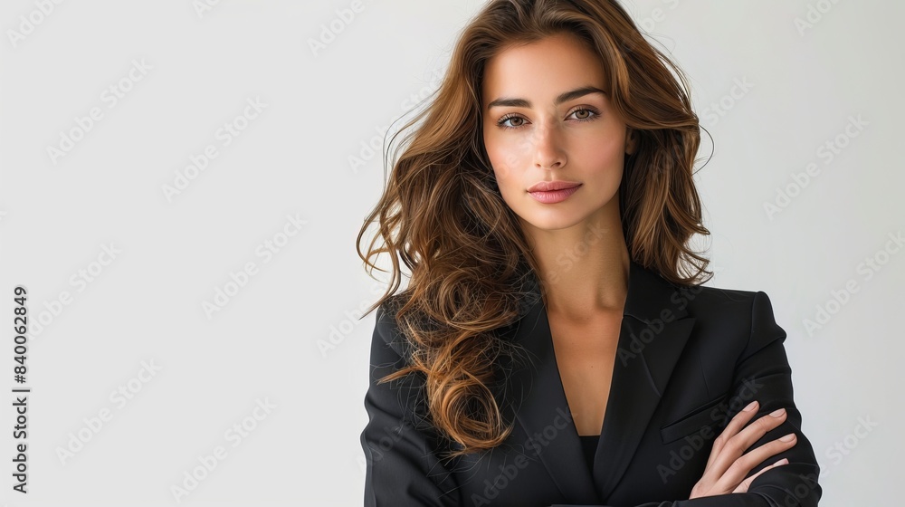 A confident businesswoman and individual is posed isolated on a white background with her arms crossed. A confident businesswoman and individual is posed isolated on a white background with her arms crossed.