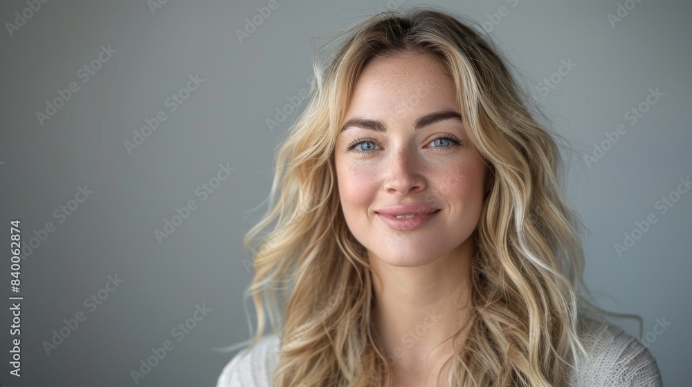 Fototapeta premium Blonde woman portrait in studio with fresh makeup and long hair