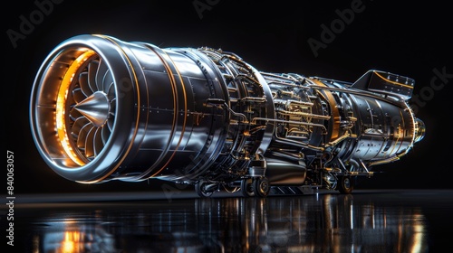 Modern turbofan engine with generative artificial intelligence (GAI). A close-up photo of an aircraft's turbojet engine.