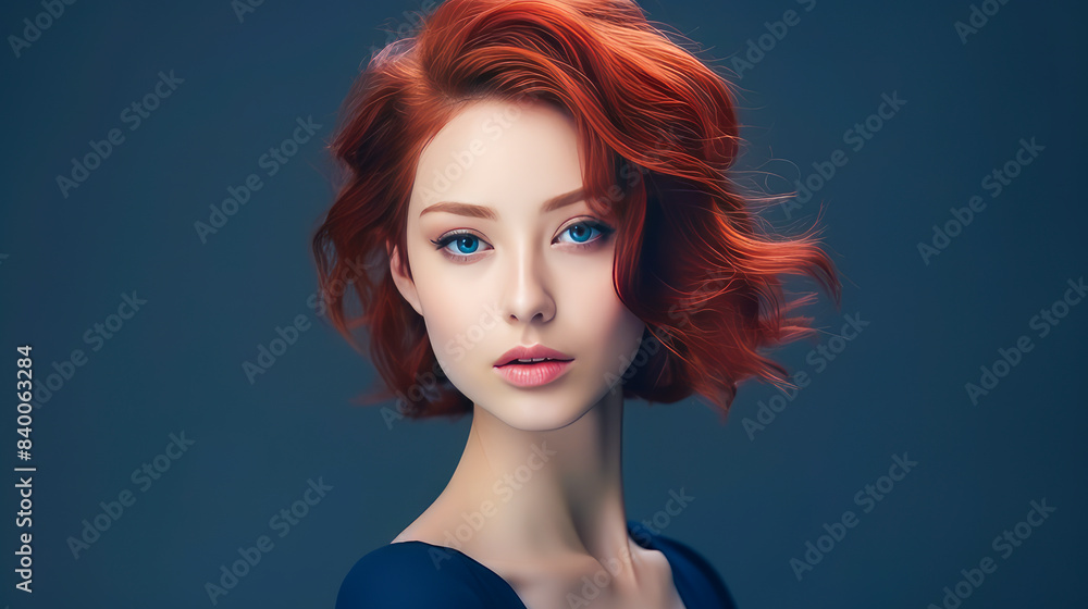Portrait of a beautiful, sexy, smiling, happy Asian woman with short red hair and perfect skin, dark blue background, banner. Portrait of a beautiful, sexy, smiling, happy Asian woman with short red hair and perfect skin, dark blue background, banner.