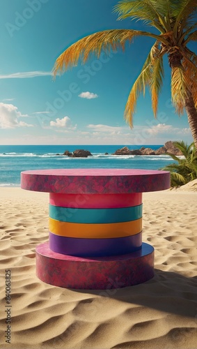 Empty Bright color podium for display and installation of product in In the tropical beach and sea, travel, vacation by the ocean, summer. © Ольга Симонова