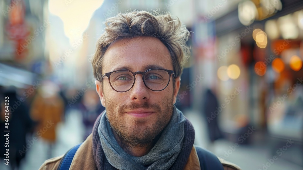 Portrait of a man looking at the camera in the street while wearing glasses Portrait of a man looking at the camera in the street while wearing glasses