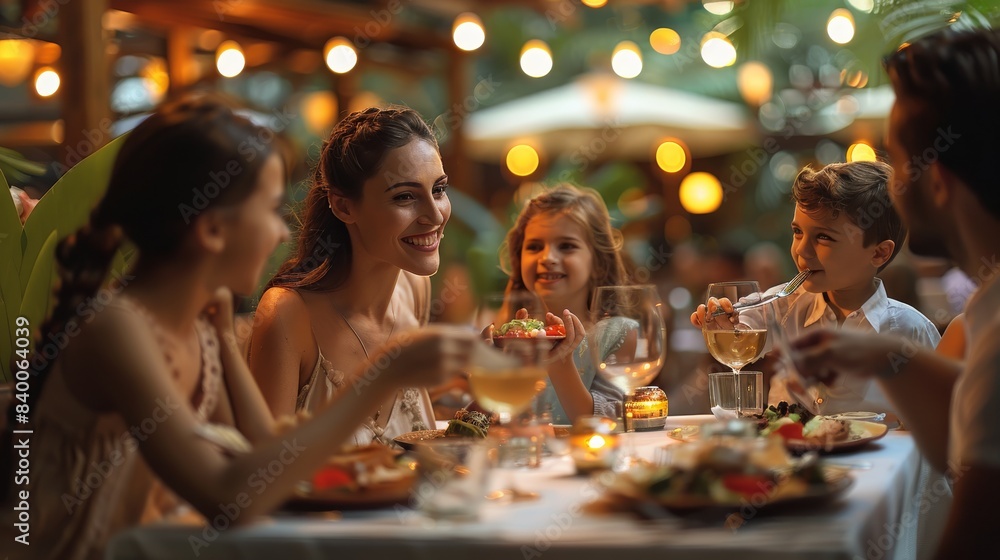 Middle aged mother eating at a nice fancy restaurant with their family of four. The background is clean. Generative AI. Middle aged mother eating at a nice fancy restaurant with their family of four. The background is clean. Generative AI.