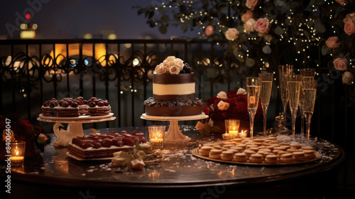 Elegant evening celebration table setting with champagne  cake  and candles.